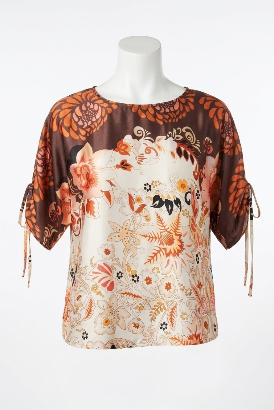 NEW PAPARAZZI border print top with keyhole sleeves in peach
